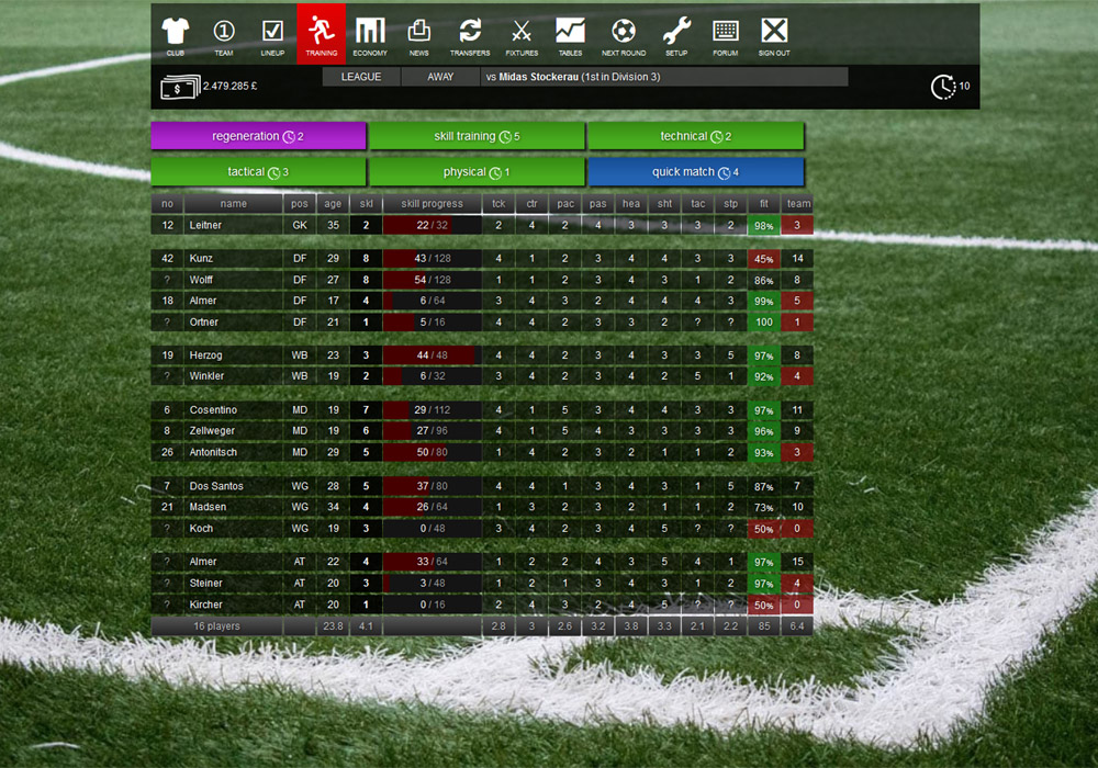 Training options - Casual football manager Santa Monica FC Online