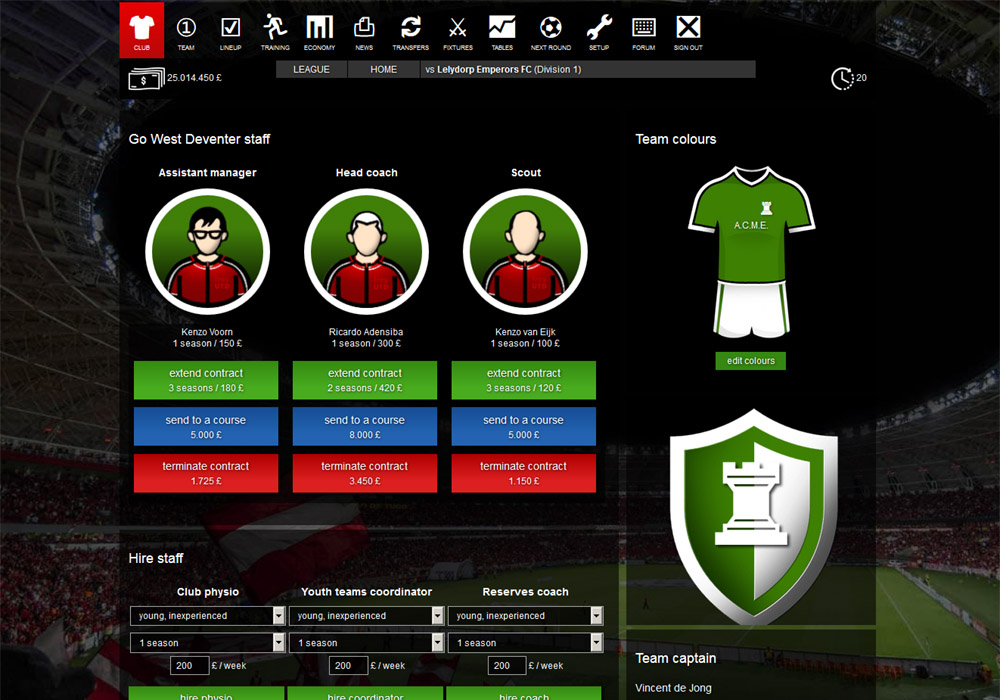 Club options - Single player football manager Santa Monica FC Online