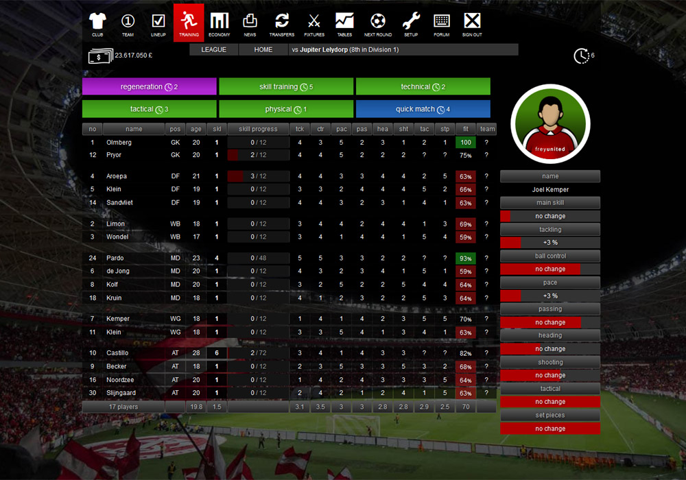 Training screen - Single player football manager Santa Monica FC Online