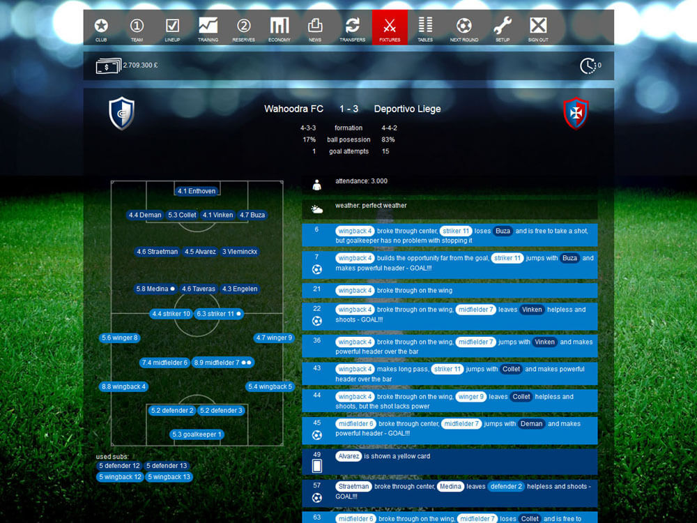 Match report for any of the games of the season - Casual soccer manager Santa Monica FC Online